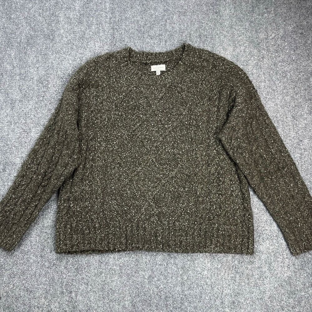 Lucky Brand Sweater Womens XL Diamond Cable Knit Olive Green Cream Fleck